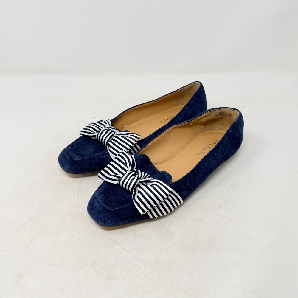 Talbots Flats Navy Blue Suede 7.5M Striped Bow Square Toe Loafers Preppy Classic